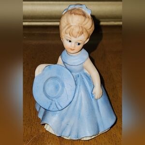 Vintage 1950s Porcelain Figurine in Blue Dress Holding Blue Hat